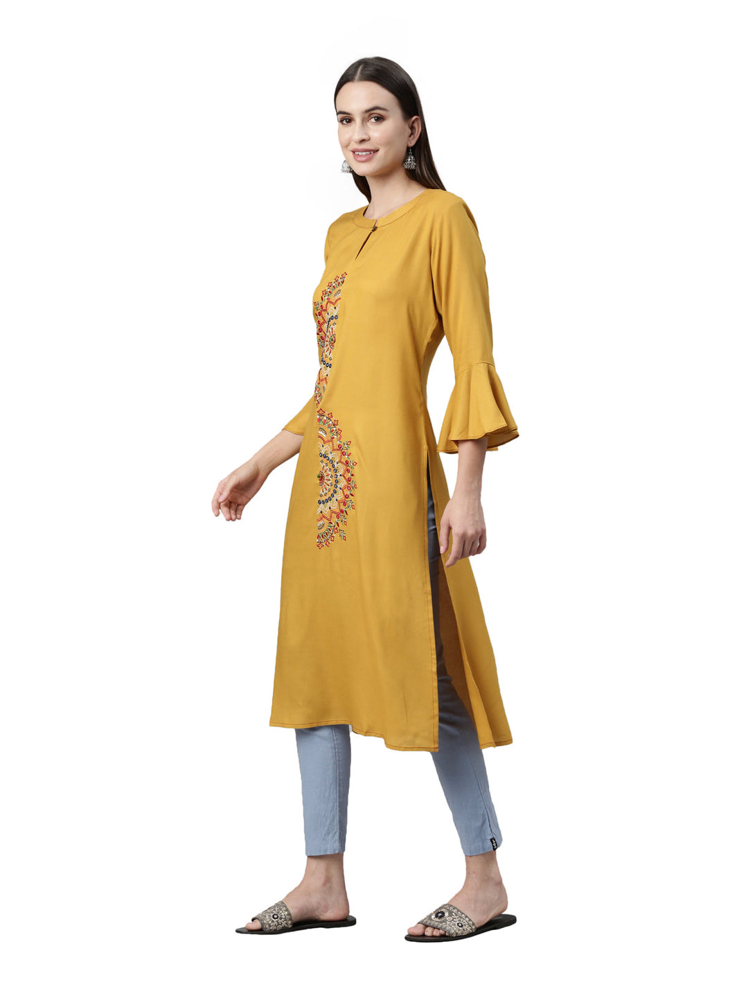 Neerus Yellow Viscose Rayon Thread Embroidered Kurta - side view