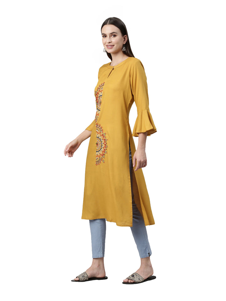 Neerus Yellow Viscose Rayon Thread Embroidered Kurta - side view