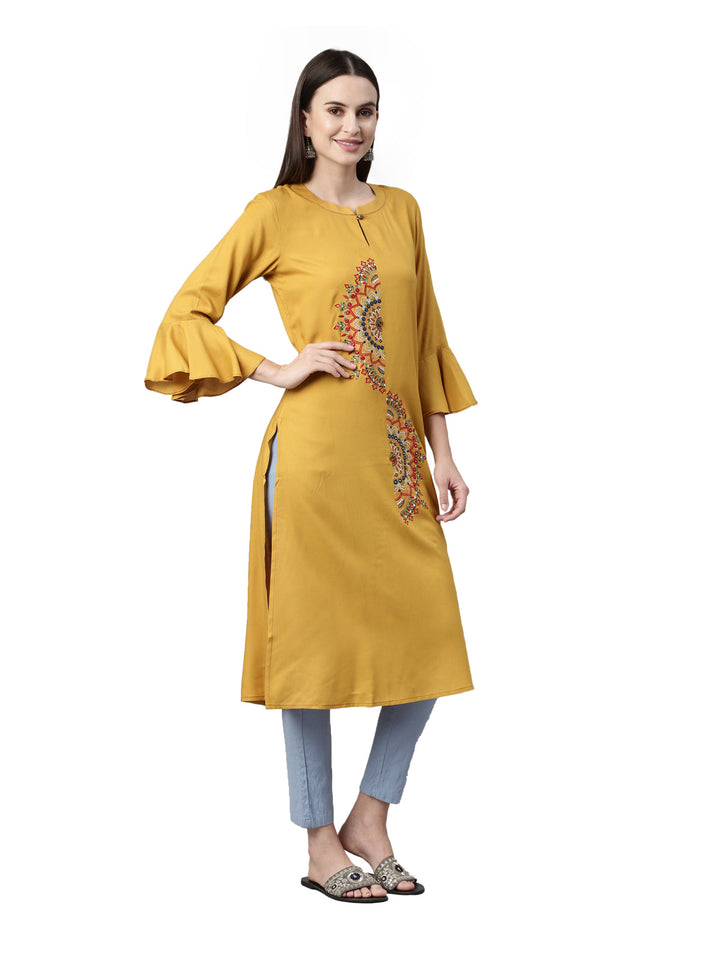 Neerus Yellow Viscose Rayon Thread Embroidered Kurta - detail view 1
