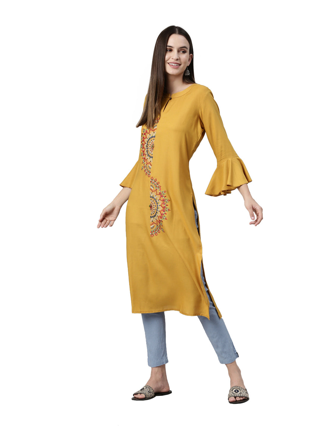 Neerus Yellow Viscose Rayon Thread Embroidered Kurta - detail view 3