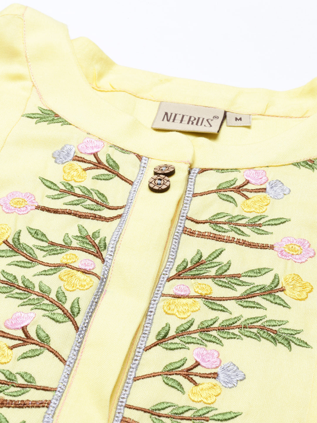 Neerus Yellow rayon printed kurti - detail view 4