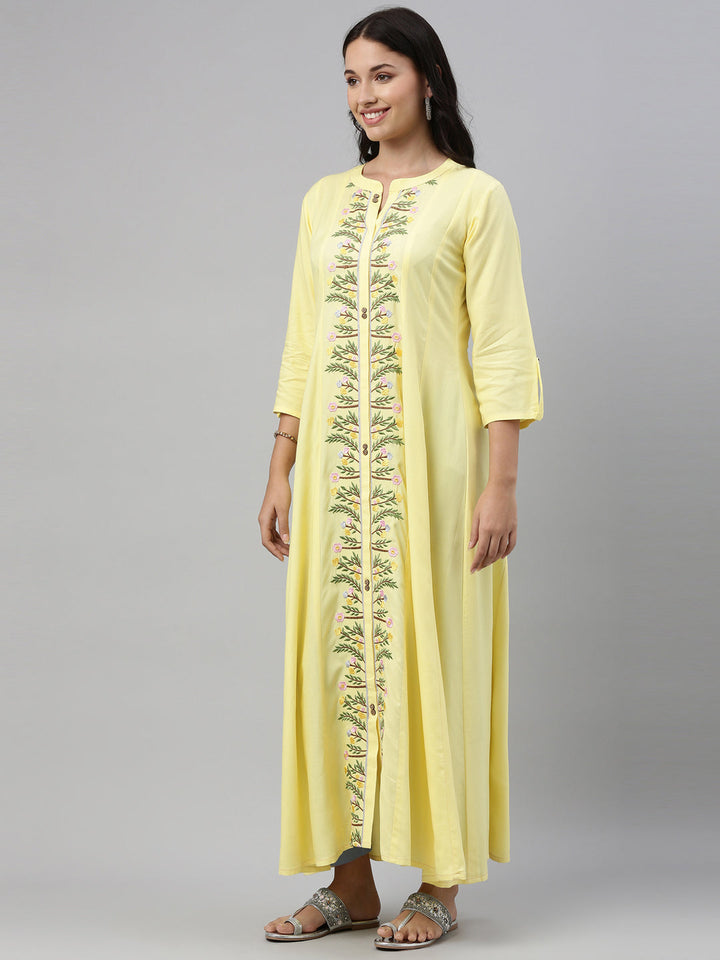 Neerus Yellow rayon printed kurti - back view