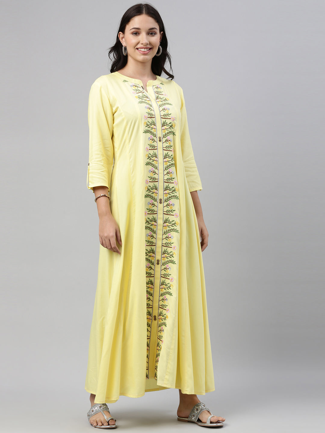 Neerus Yellow rayon printed kurti - side view
