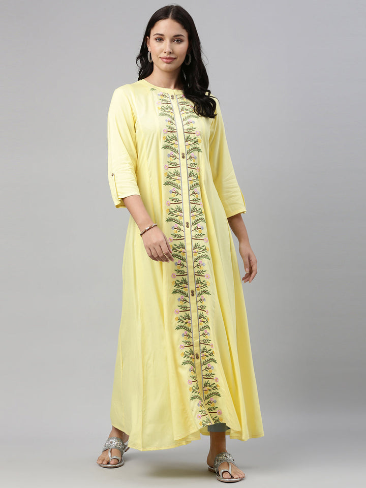 Neerus Yellow rayon printed kurti - front view