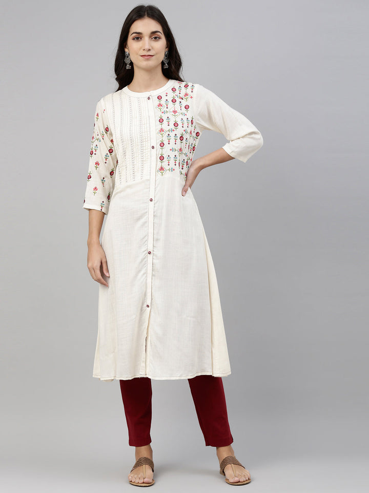 Neerus Beige slub cotton solid kurti - front view