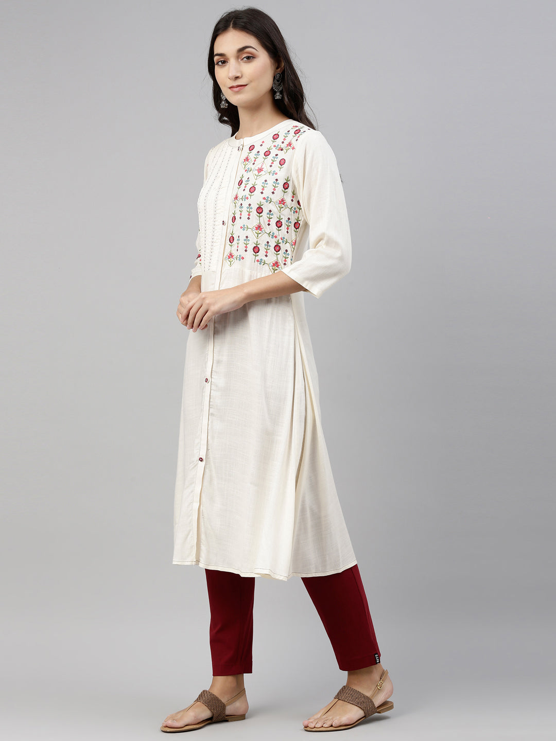 Neerus Beige slub cotton solid kurti - detail view 1