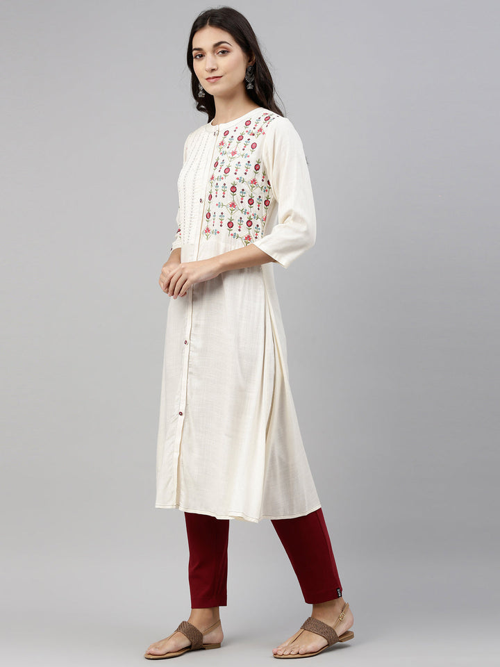 Neerus Beige slub cotton solid kurti - detail view 1