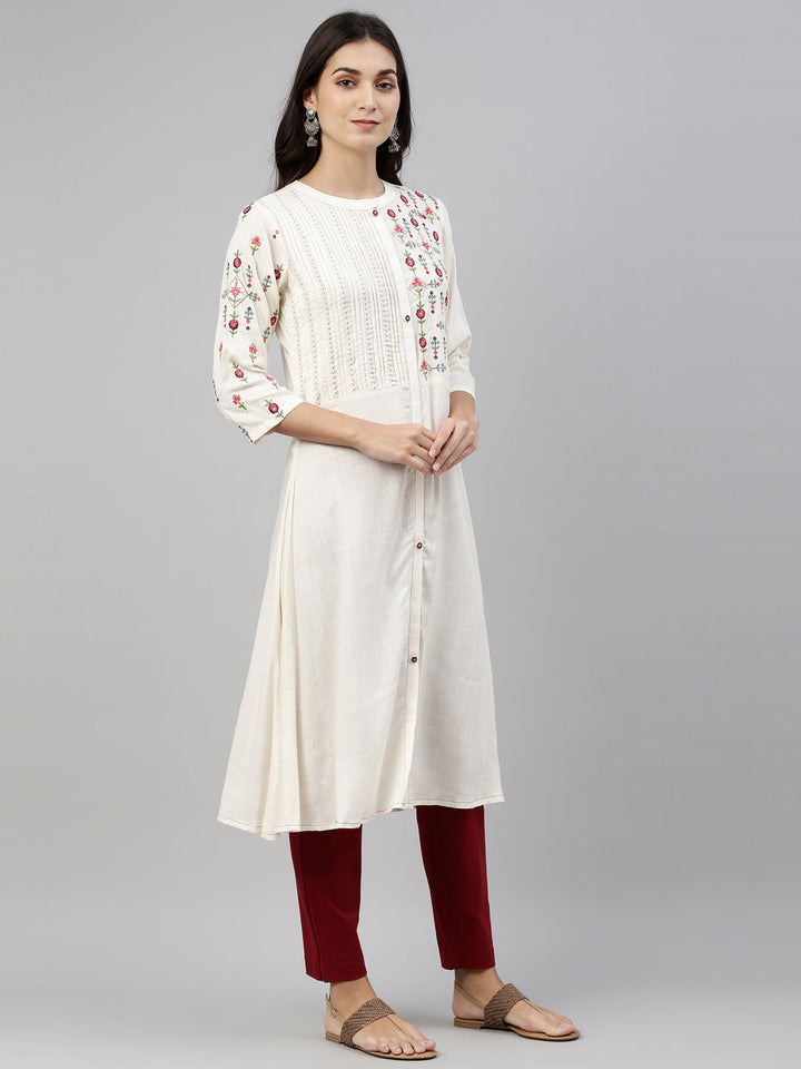 Neerus Beige slub cotton solid kurti - detail view 2