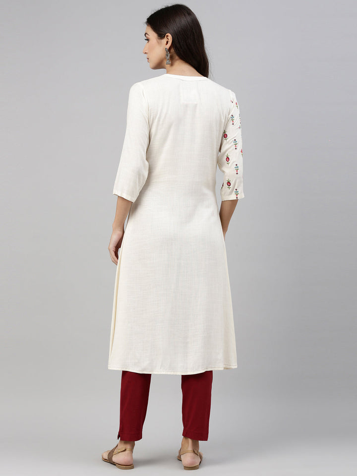 Neerus Beige slub cotton solid kurti - detail view 3