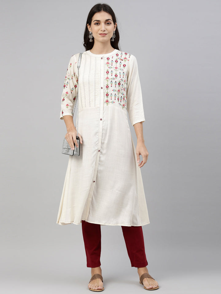 Neerus Beige slub cotton solid kurti - detail view 4