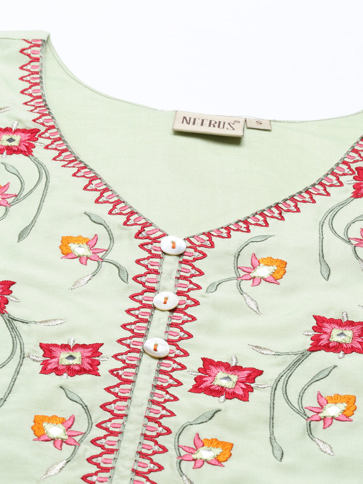Neerus Green muslin embroidered kurti straight silhouette - detail view 4