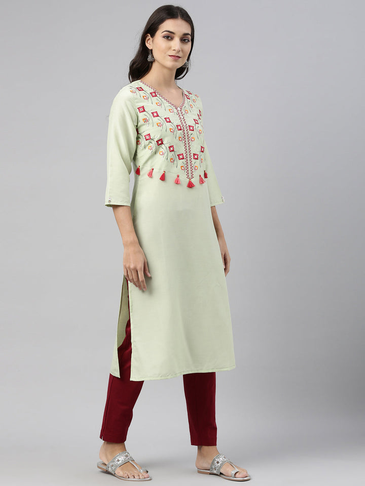 Neerus Green muslin embroidered kurti straight silhouette - side view