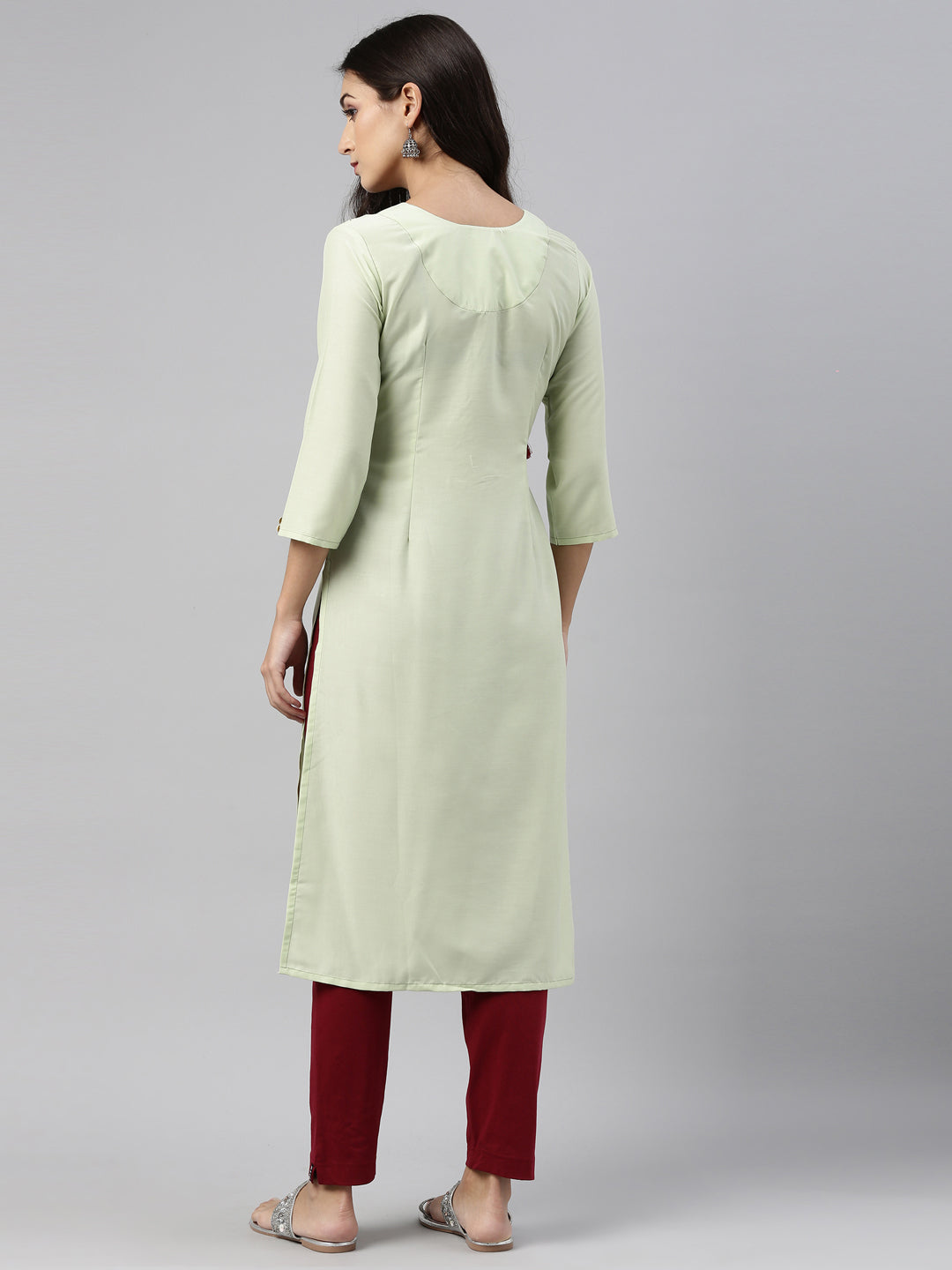 Neerus Green muslin embroidered kurti straight silhouette - detail view 1