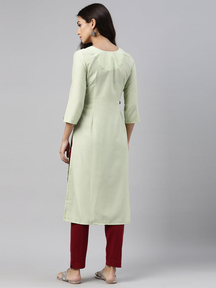 Neerus Green muslin embroidered kurti straight silhouette - detail view 1