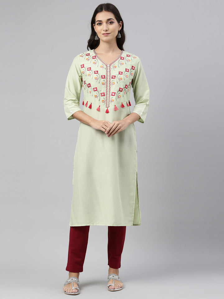 Neerus Green muslin embroidered kurti straight silhouette - detail view 3
