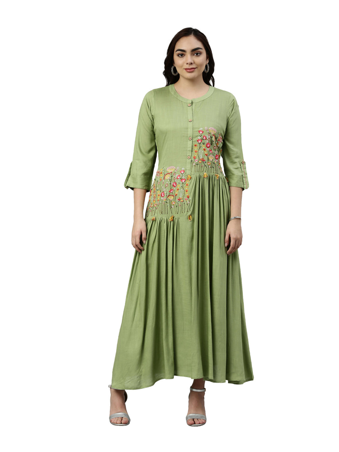 Neerus Green viscose rayon embroidered anarkali kurti - front view