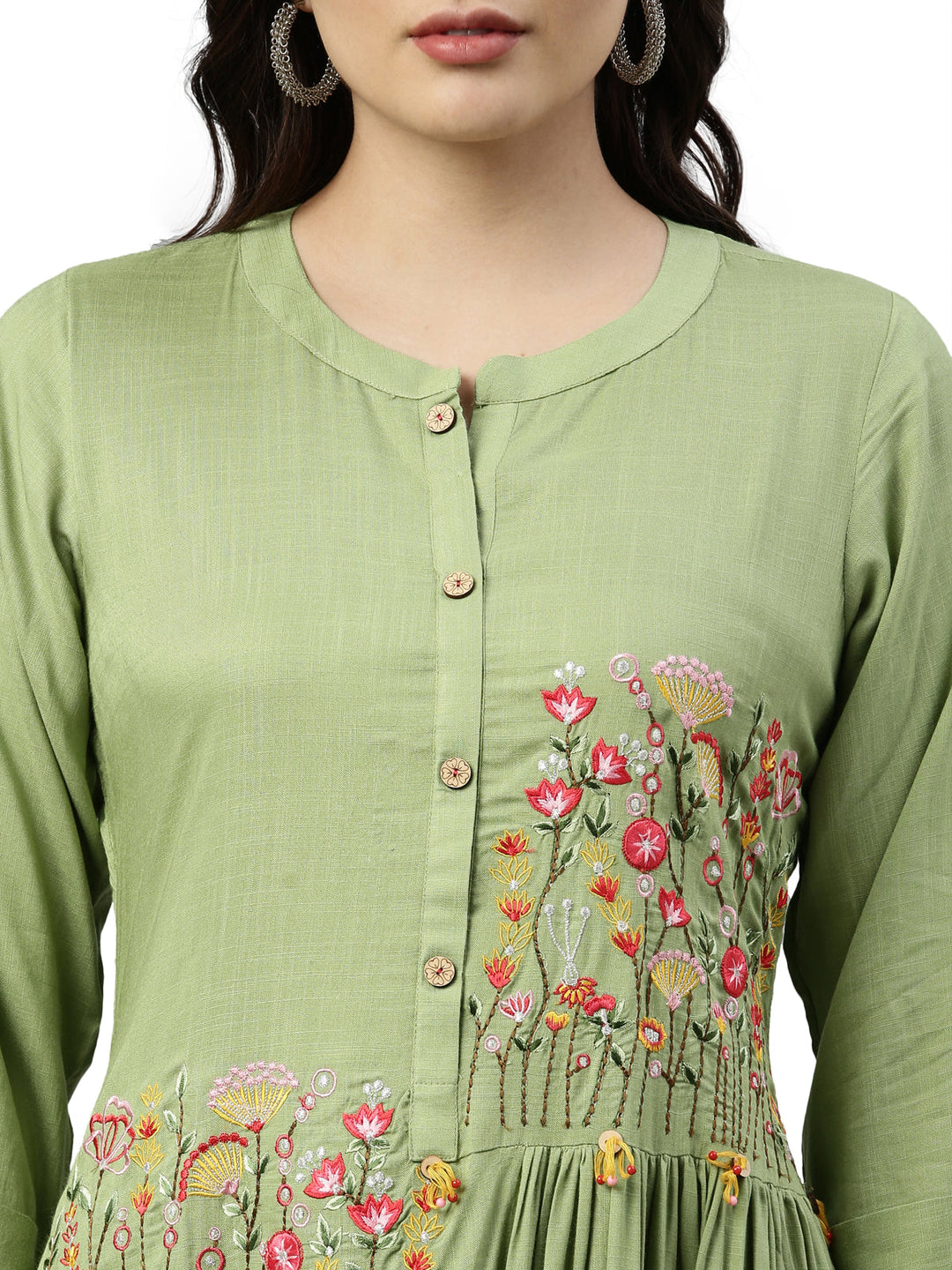 Neerus Green viscose rayon embroidered anarkali kurti - back view