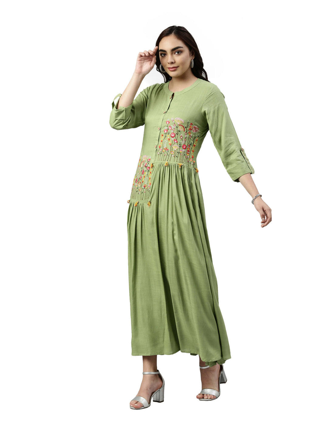 Neerus Green viscose rayon embroidered anarkali kurti - side view