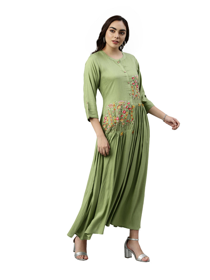Neerus Green viscose rayon embroidered anarkali kurti - detail view 1