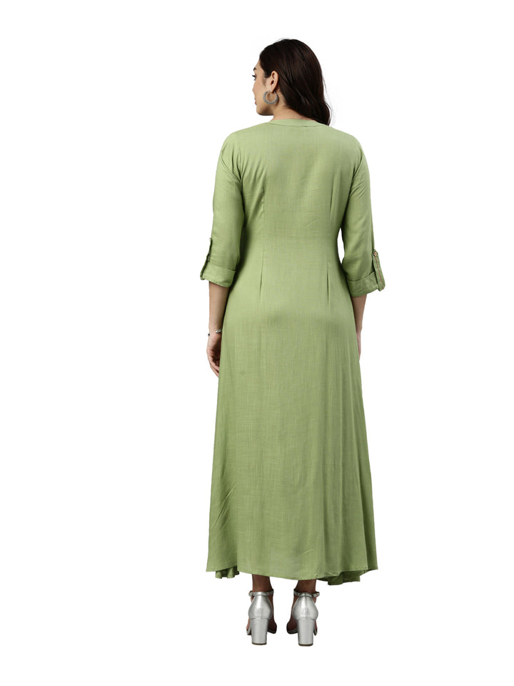 Neerus Green viscose rayon embroidered anarkali kurti - detail view 2