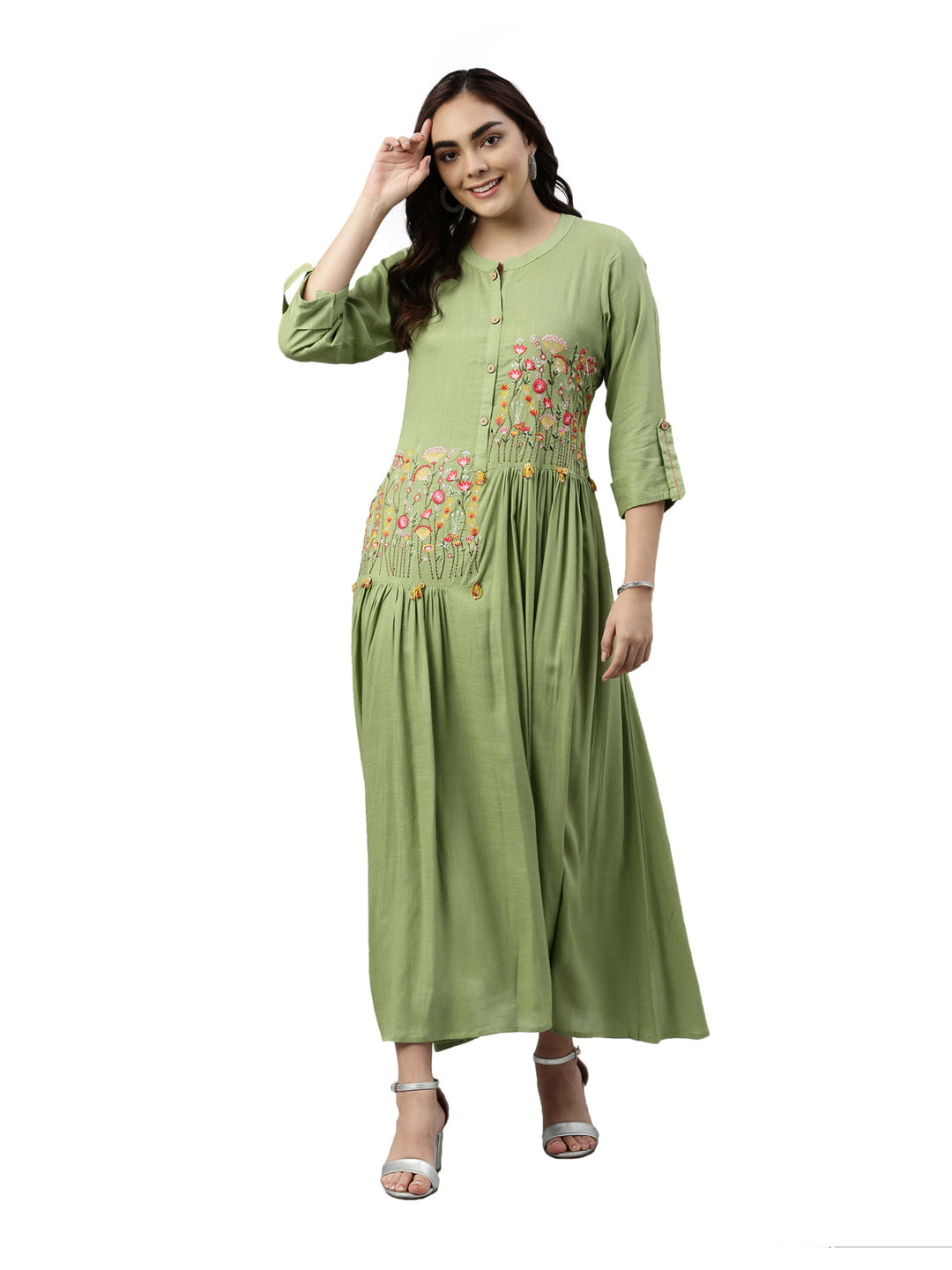 Neerus Green viscose rayon embroidered anarkali kurti - detail view 3