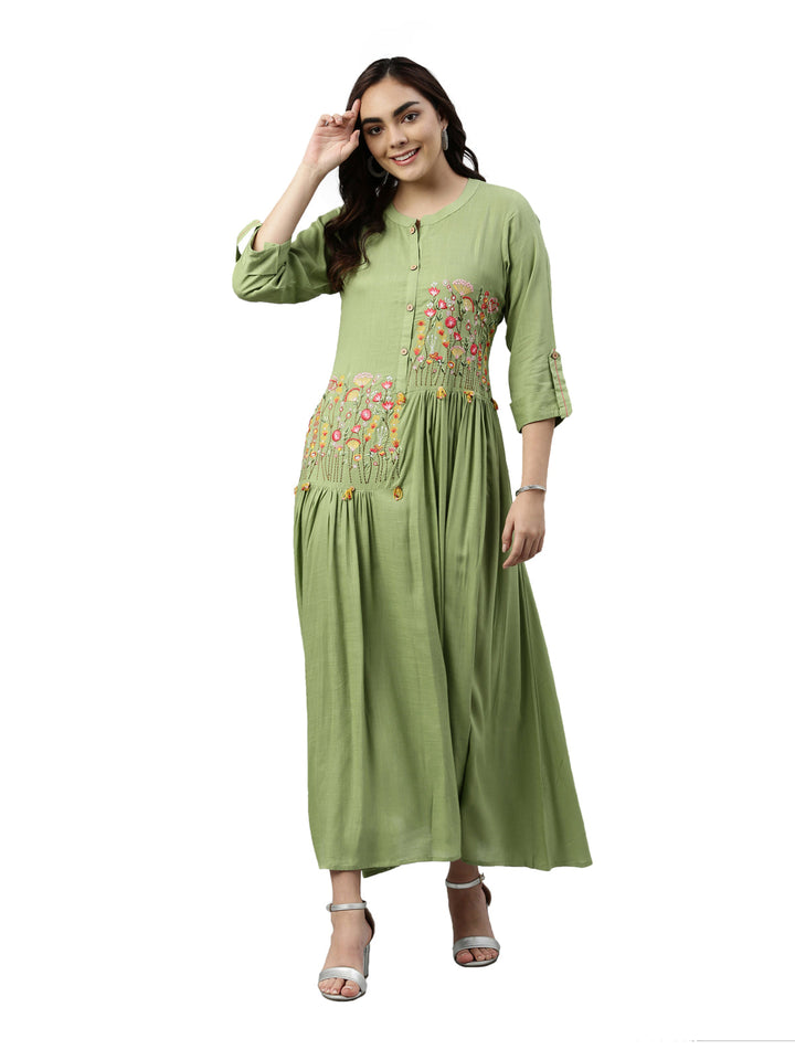 Neerus Green viscose rayon embroidered anarkali kurti - detail view 3