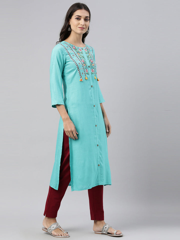 Neerus Green rayon solid kurti - detail view 1