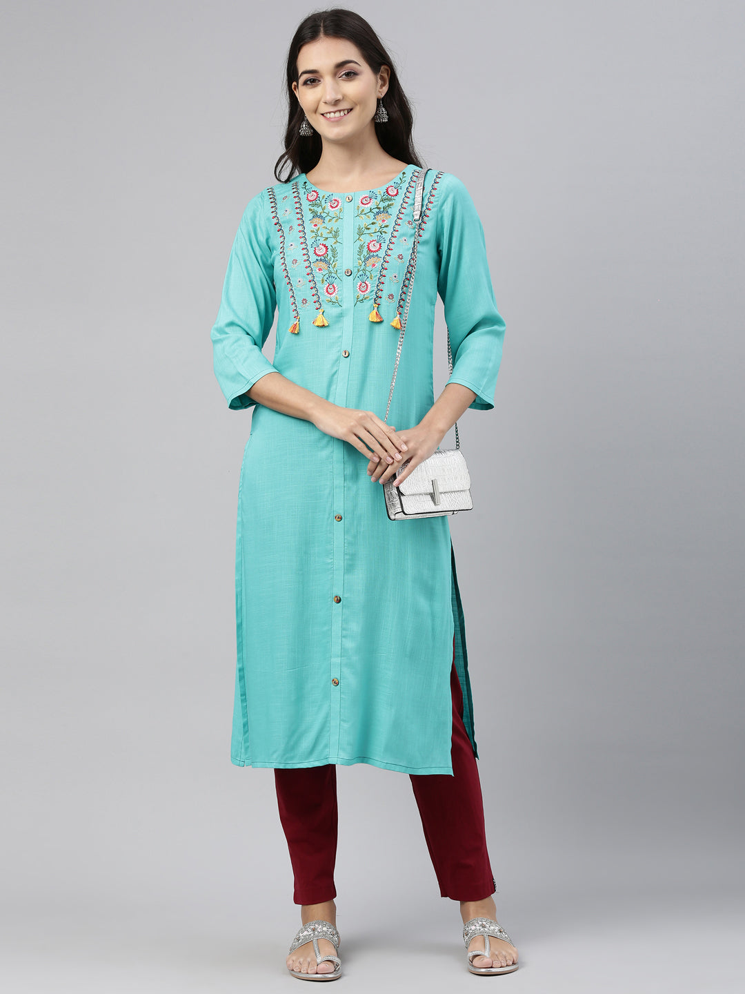 Neerus Green rayon solid kurti - front view