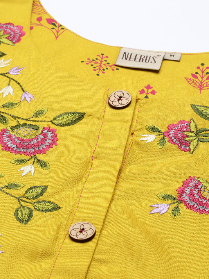 Neerus Yellow viscose rayon printed anarkali kurti - detail view 5