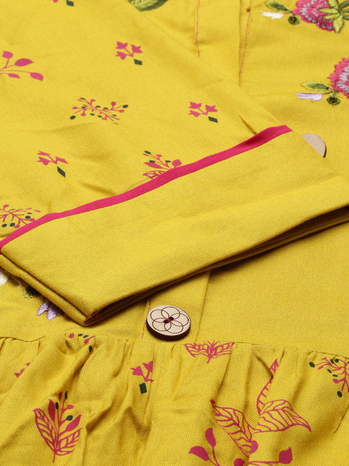 Neerus Yellow viscose rayon printed anarkali kurti - back view