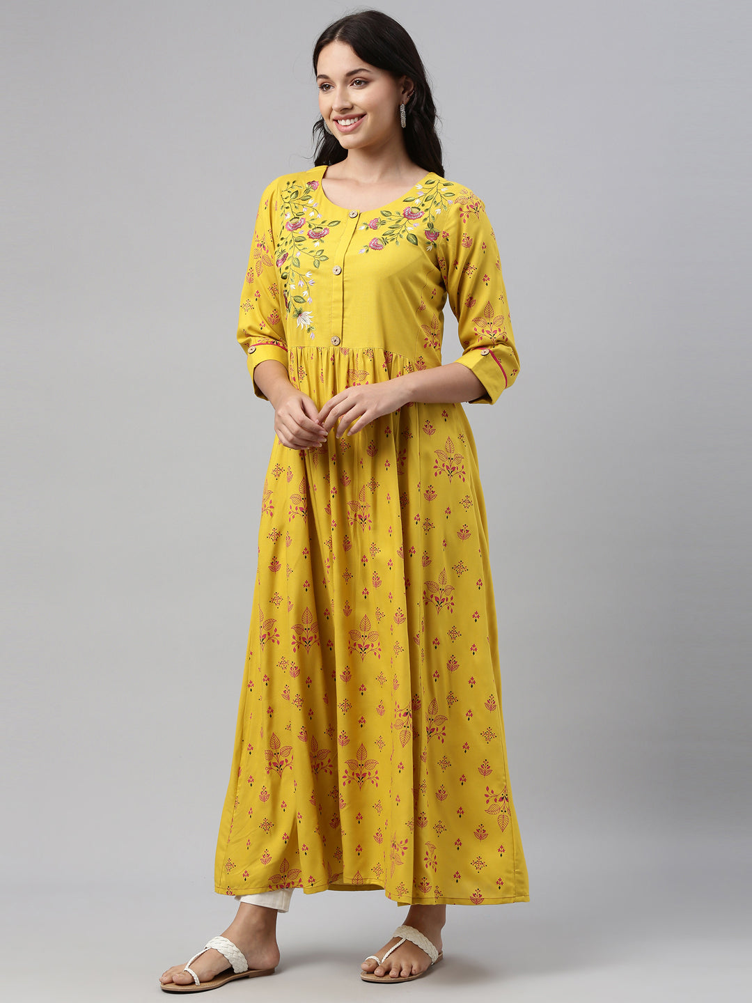 Neerus Yellow viscose rayon printed anarkali kurti - side view