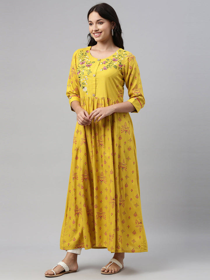Neerus Yellow viscose rayon printed anarkali kurti - side view