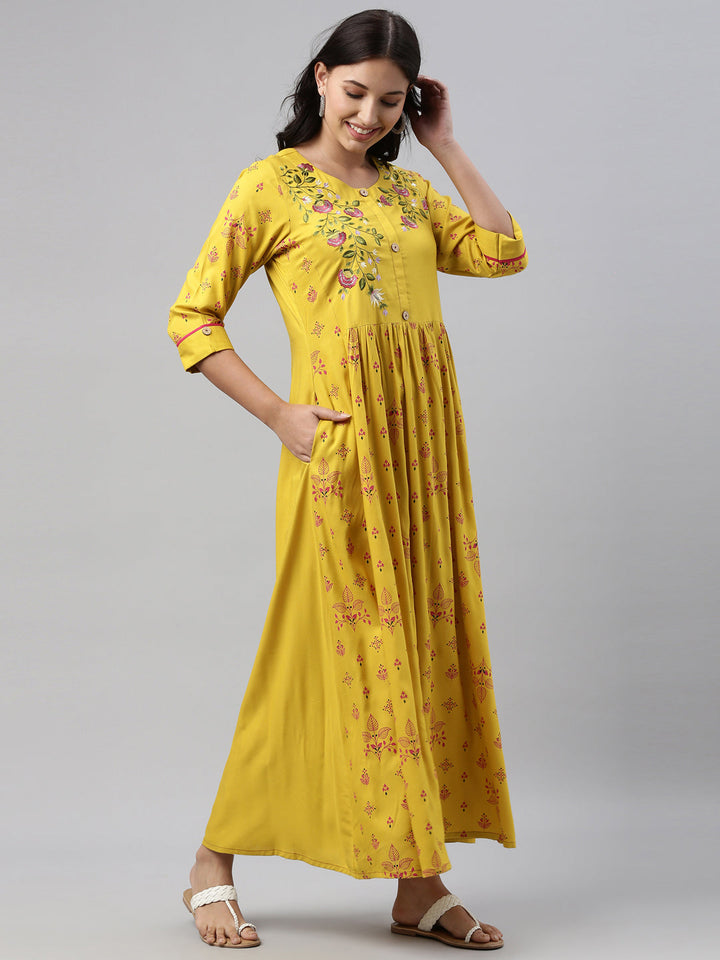 Neerus Yellow viscose rayon printed anarkali kurti - detail view 1