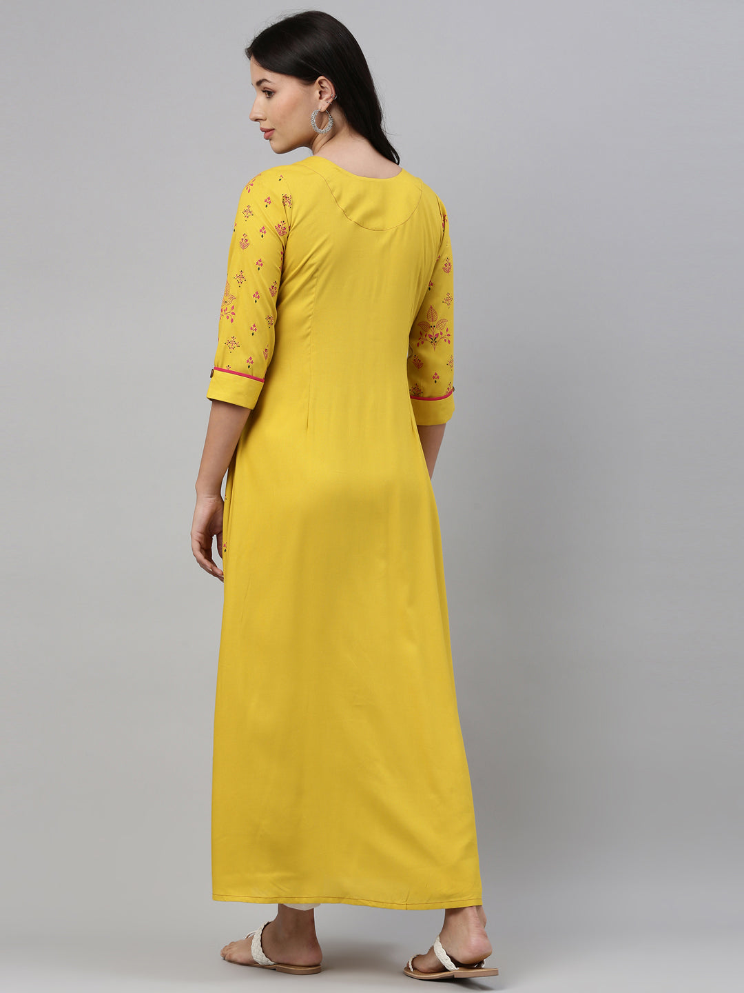 Neerus Yellow viscose rayon printed anarkali kurti - detail view 2