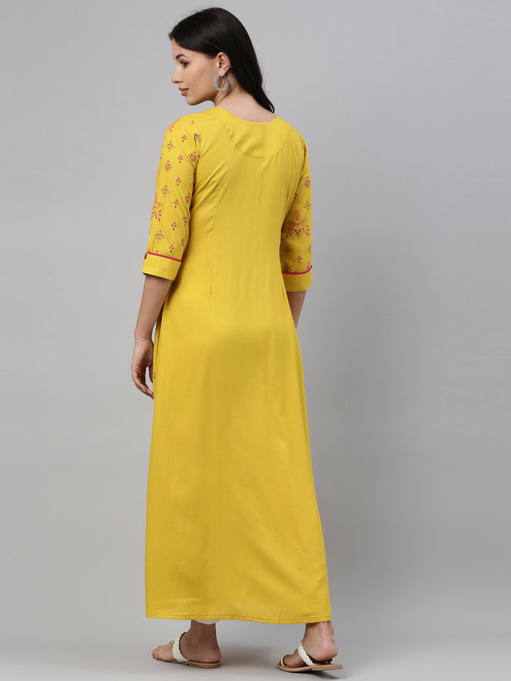 Neerus Yellow viscose rayon printed anarkali kurti - detail view 2