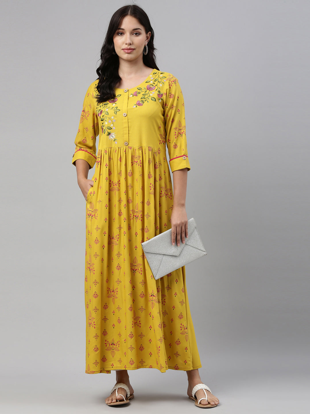 Neerus Yellow viscose rayon printed anarkali kurti - front view