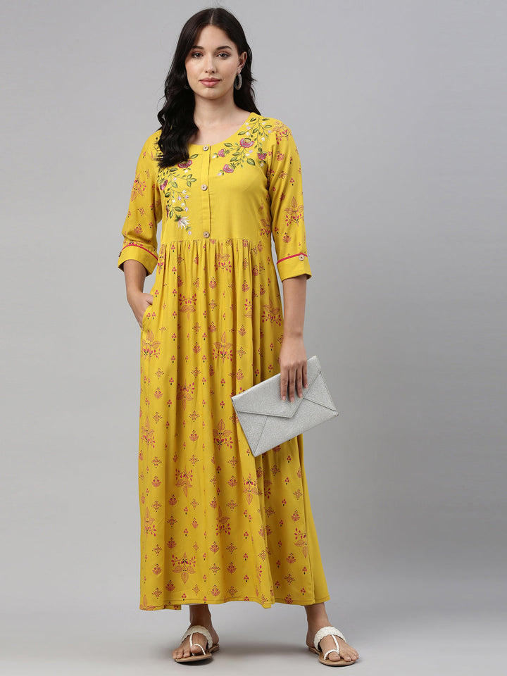 Neerus Yellow viscose rayon printed anarkali kurti - front view