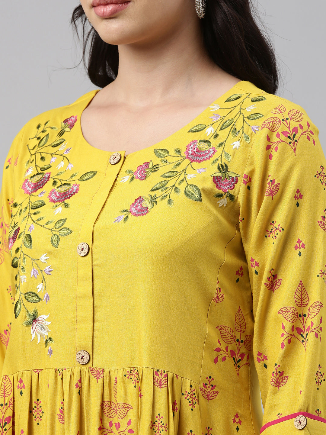Neerus Yellow viscose rayon printed anarkali kurti - detail view 3