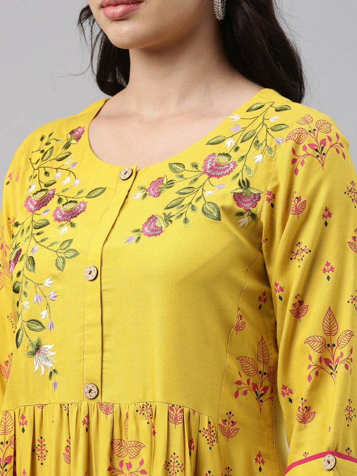Neerus Yellow viscose rayon printed anarkali kurti - detail view 3