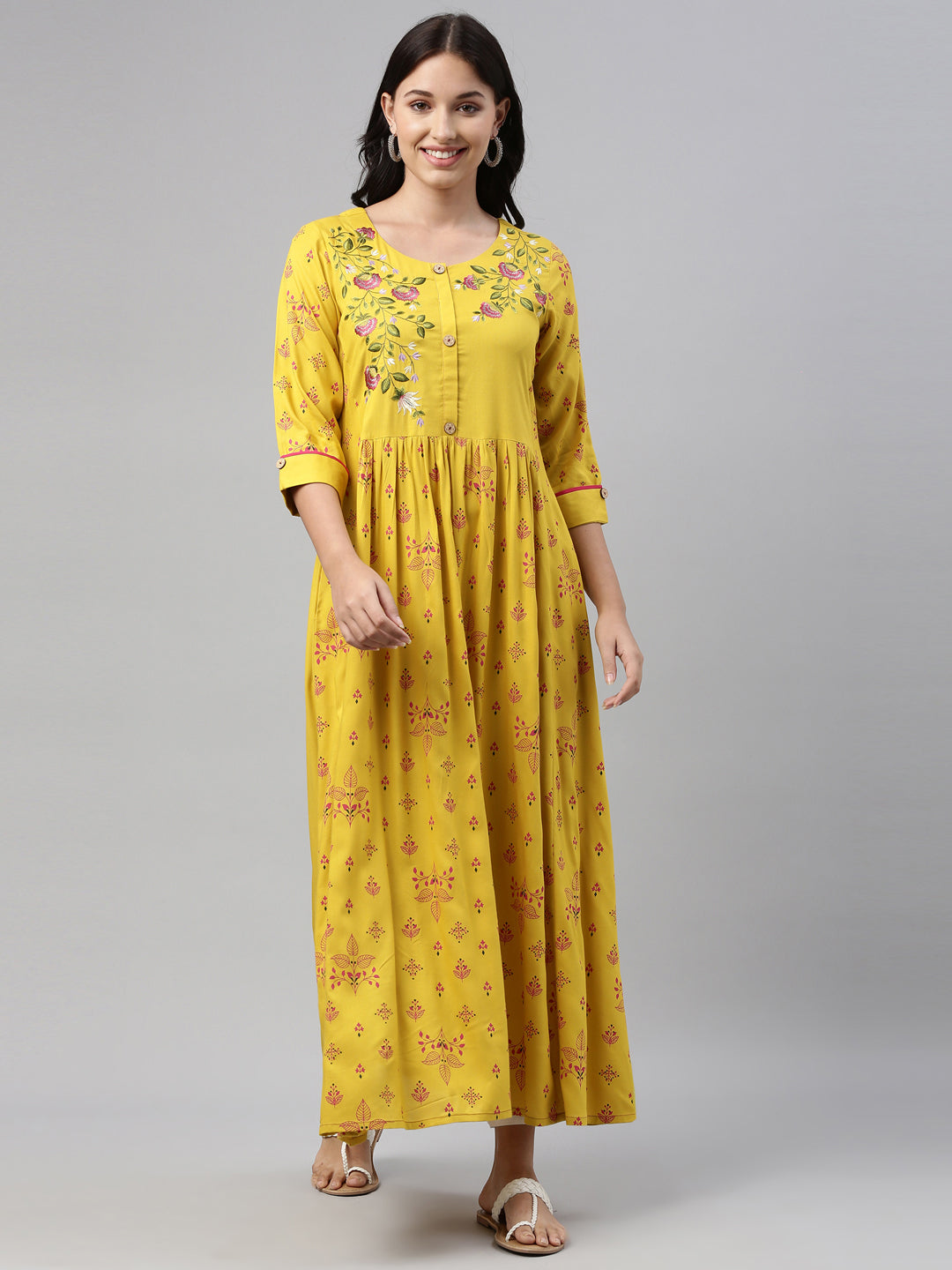 Neerus Yellow viscose rayon printed anarkali kurti - detail view 4