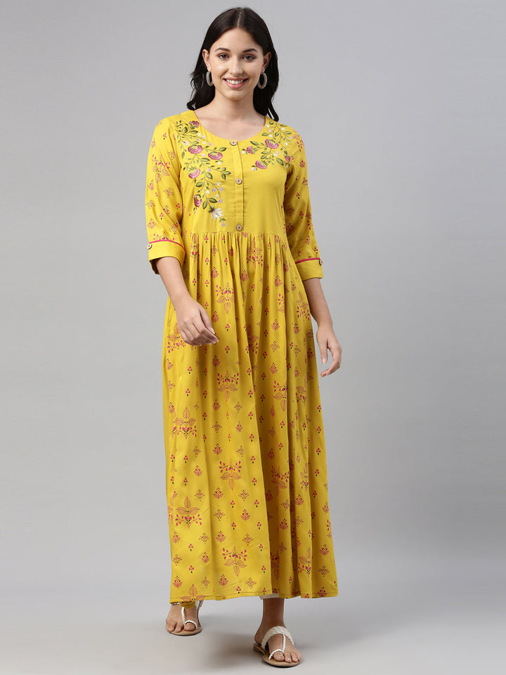 Neerus Yellow viscose rayon printed anarkali kurti - detail view 4