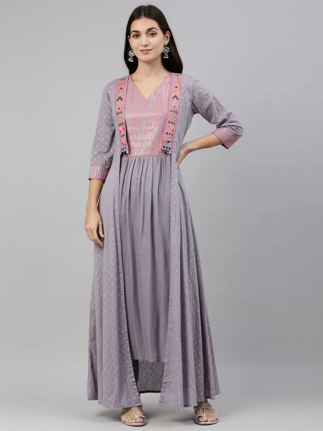 Neerus Grey cotton solid kurti tunic - front view