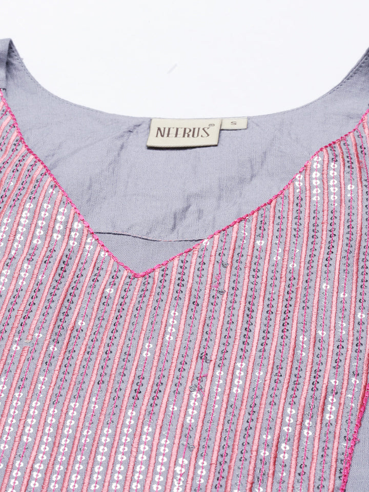 Neerus Grey cotton solid kurti tunic - side view