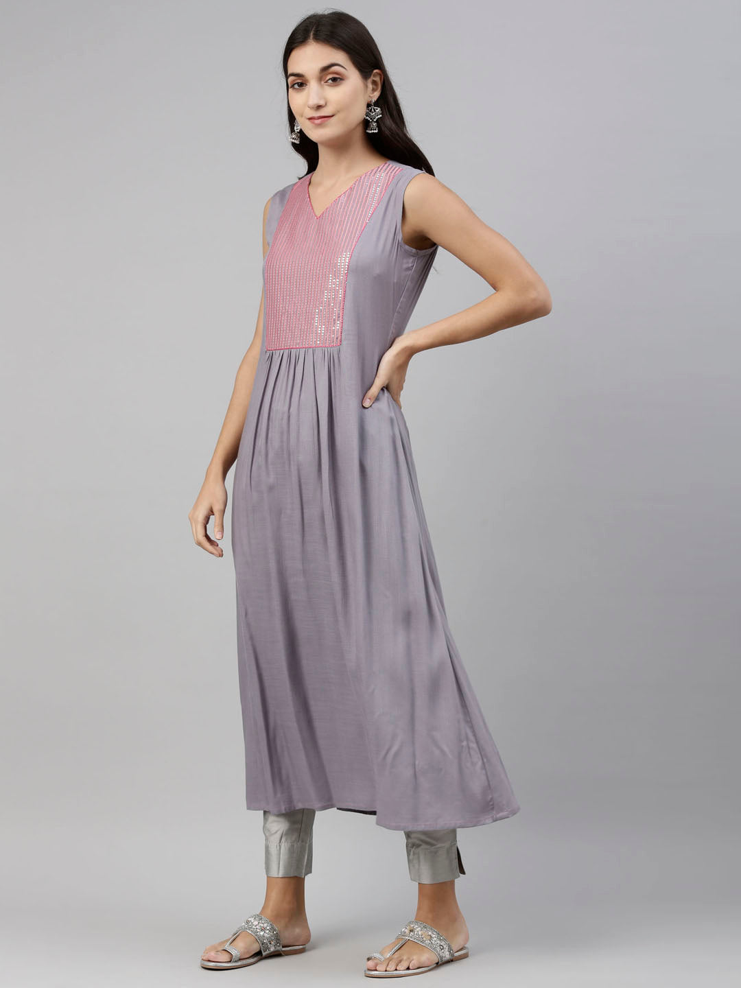 Neerus Grey cotton solid kurti tunic - detail view 2