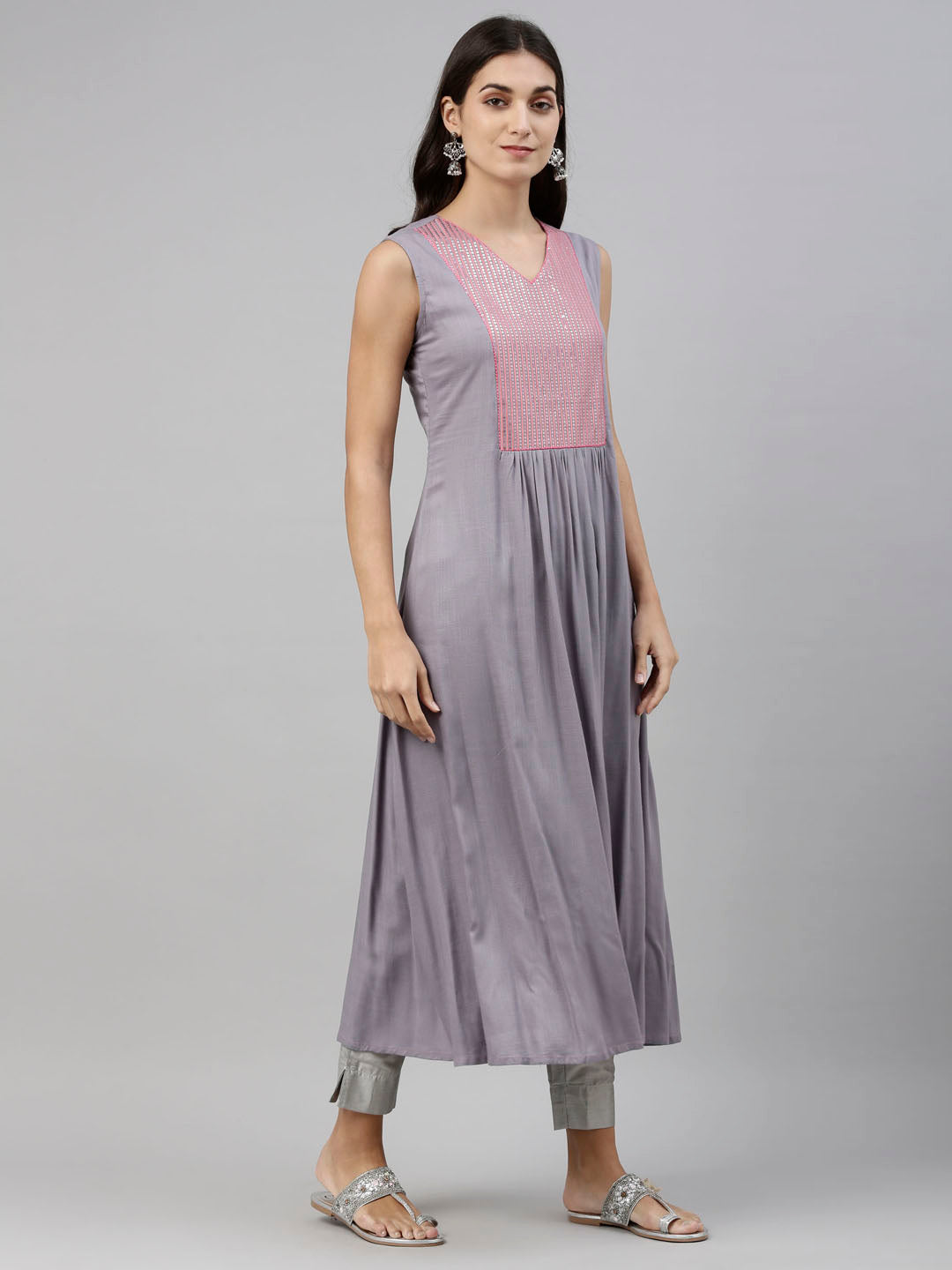 Neerus Grey cotton solid kurti tunic - detail view 3