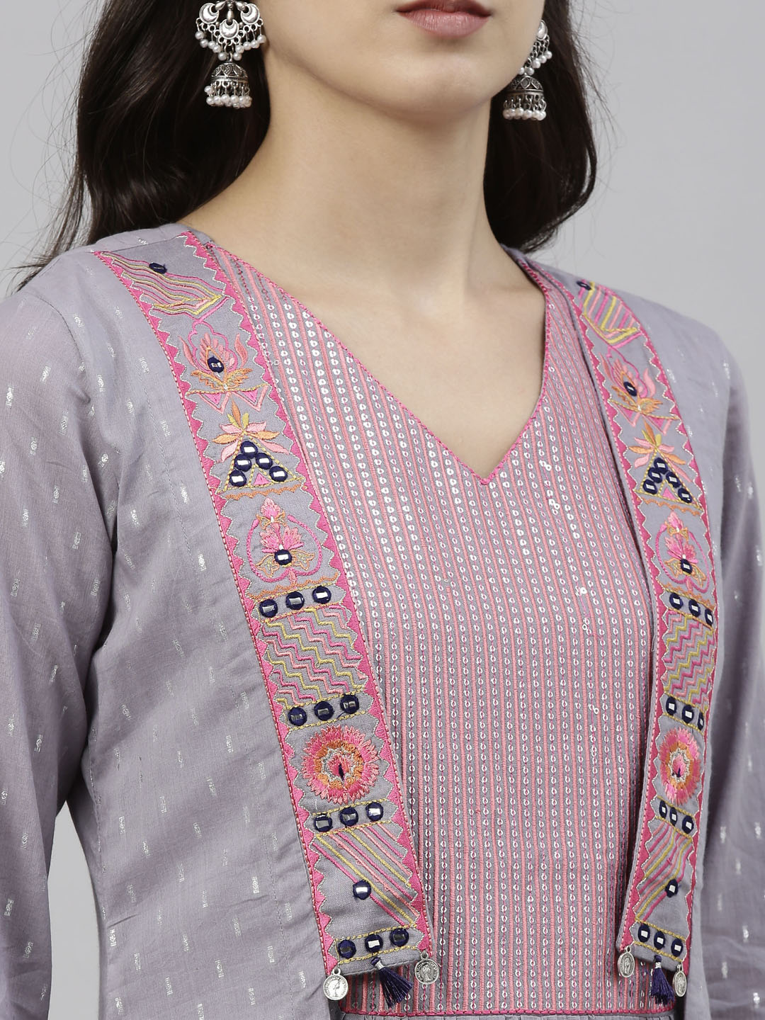 Neerus Grey cotton solid kurti tunic - detail view 6