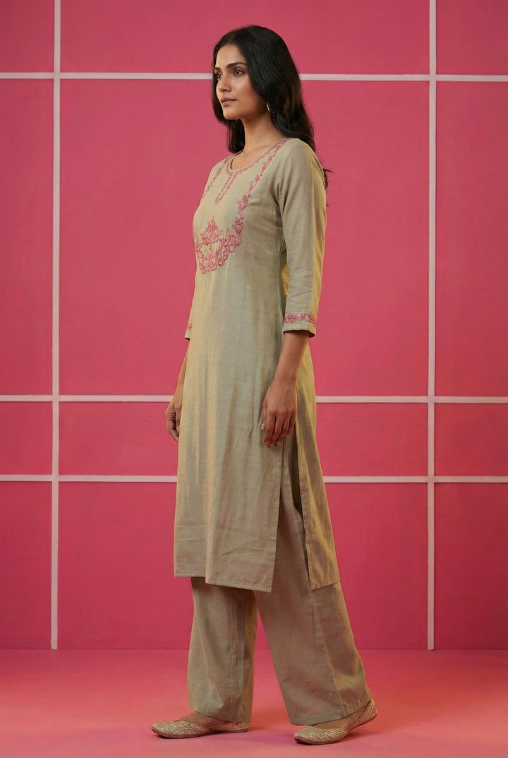 Neerus Grey muslin hand embroidered suit set - back view