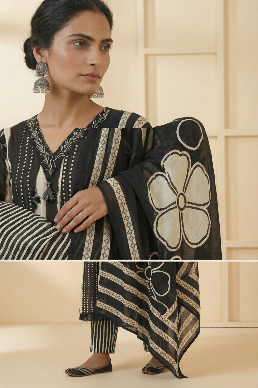 Neerus Black cotton hand embroidered suit set - detail view 3