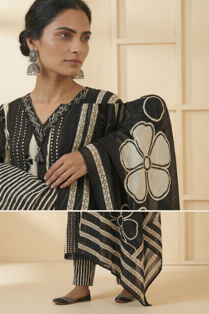 Neerus Black cotton hand embroidered suit set - detail view 3