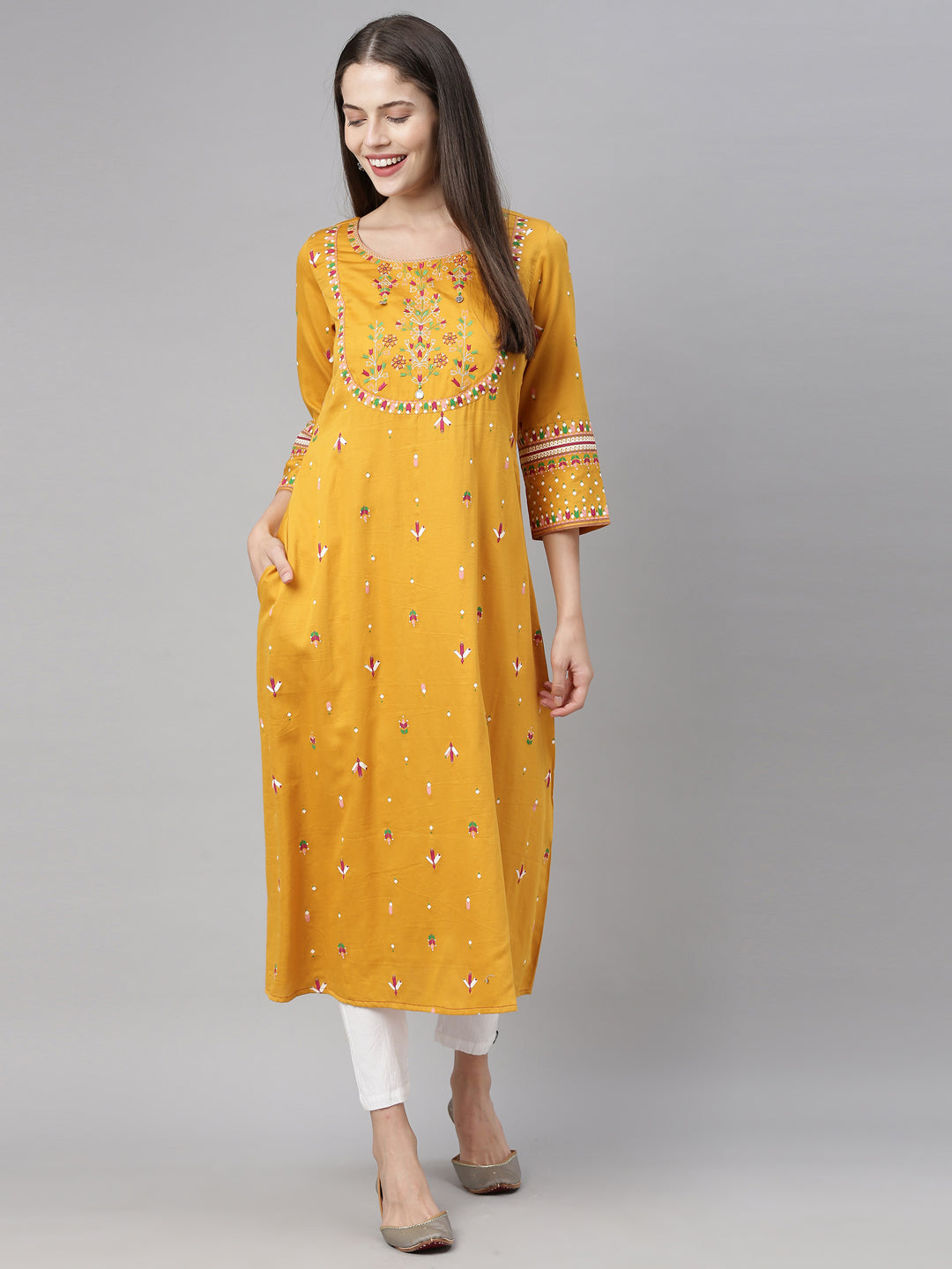 Neerus Yellow cotton embroidered kurta - detail view 2